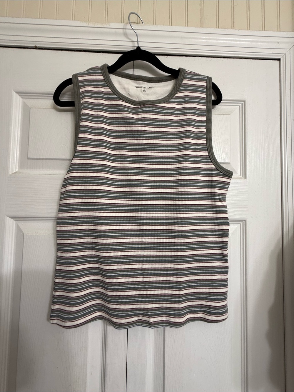Abercrombie & Fitch Striped Tank Top in Pink, Gray, White with Olive Trim